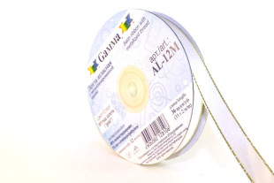 Лента атласная 12 мм двухстор. с металл. нитью "Gamma" №001белый/золото